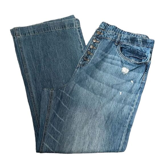 Venus Distressed Holes In Knees Wide Leg High Waisted Medium Light Wash Jeans - Picture 2 of 6